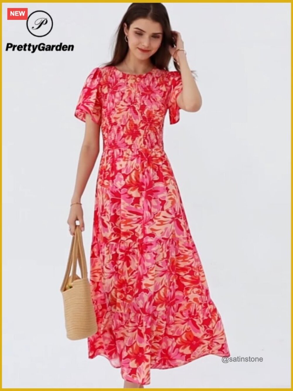 Flutter Short Sleeve Smocked Tiered Maxi Dress Casual Boho Floral - Picture 7 of 7